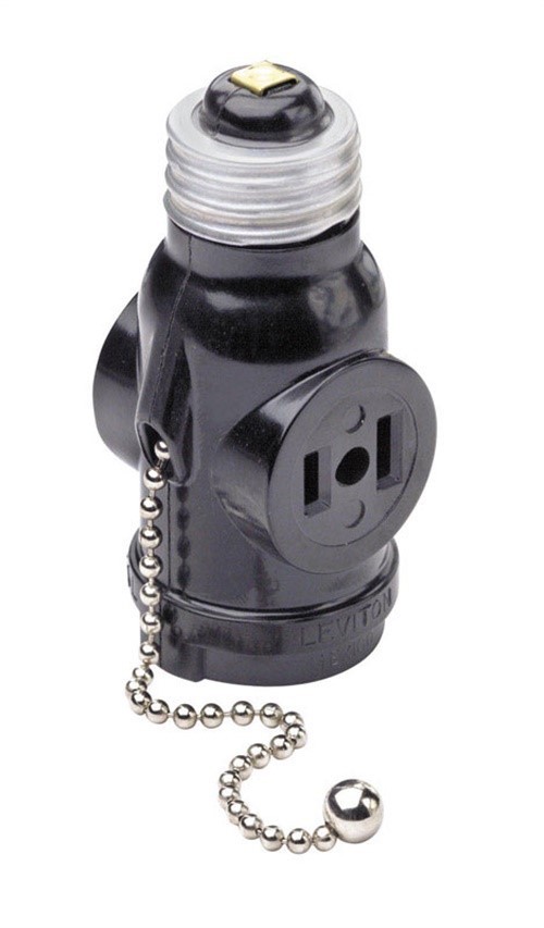 Leviton C30-01406-000 Black Two Outlet Socket Adapter with Pull Chain