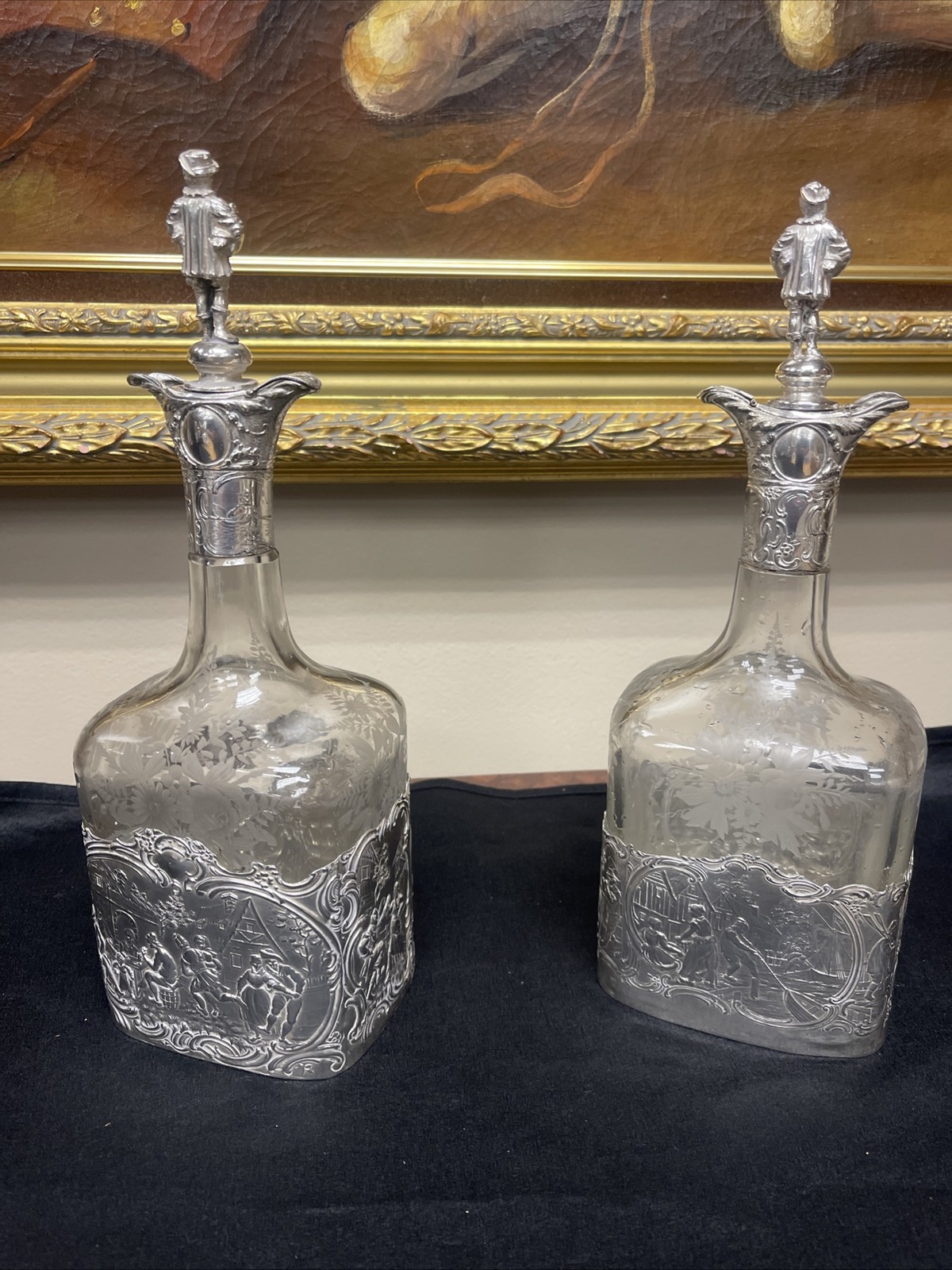 Pair Antique German Hanau Glass Decanters Bottles With sterling mounts / Tops