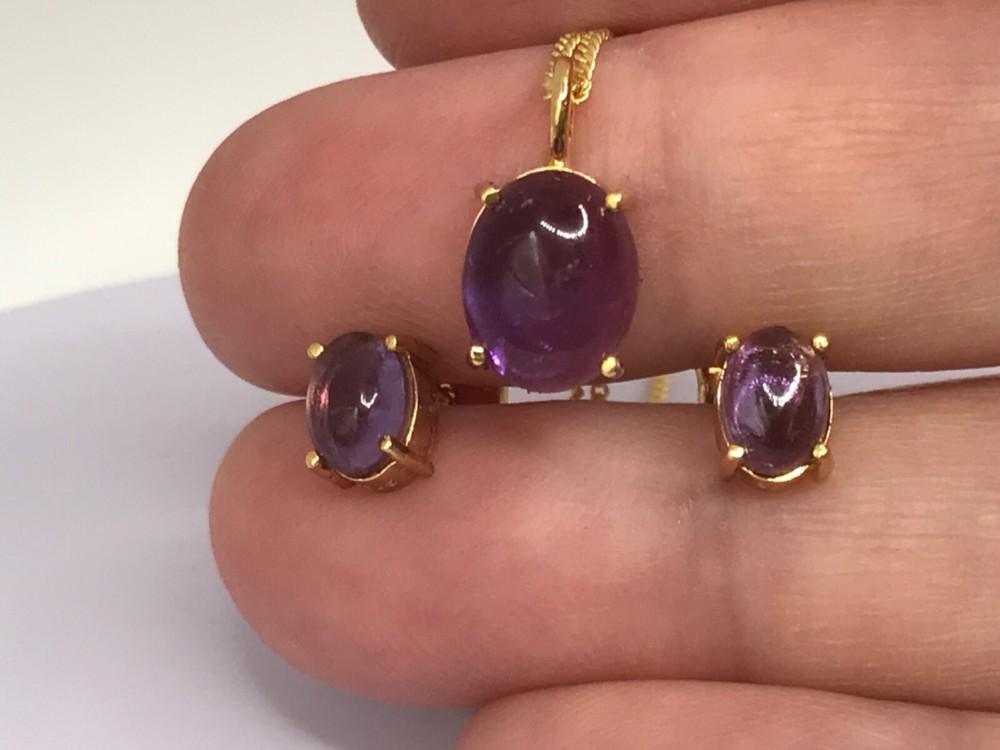 Amethyst cabochon set, stud earrings, pendant, gold on solid sterling silver.