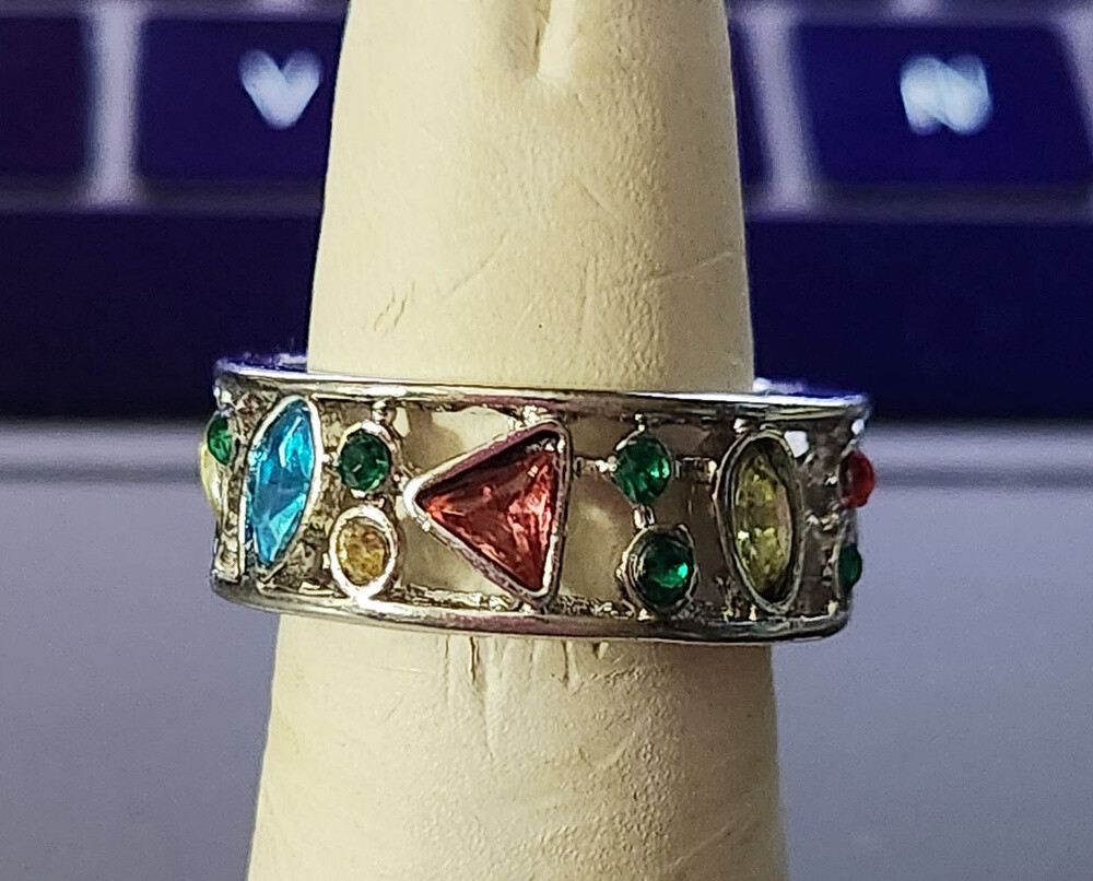 MULTI-COLORED MULTI-STONE SILVER OPEN WORK RING CIGAR BAND SILVER TONE