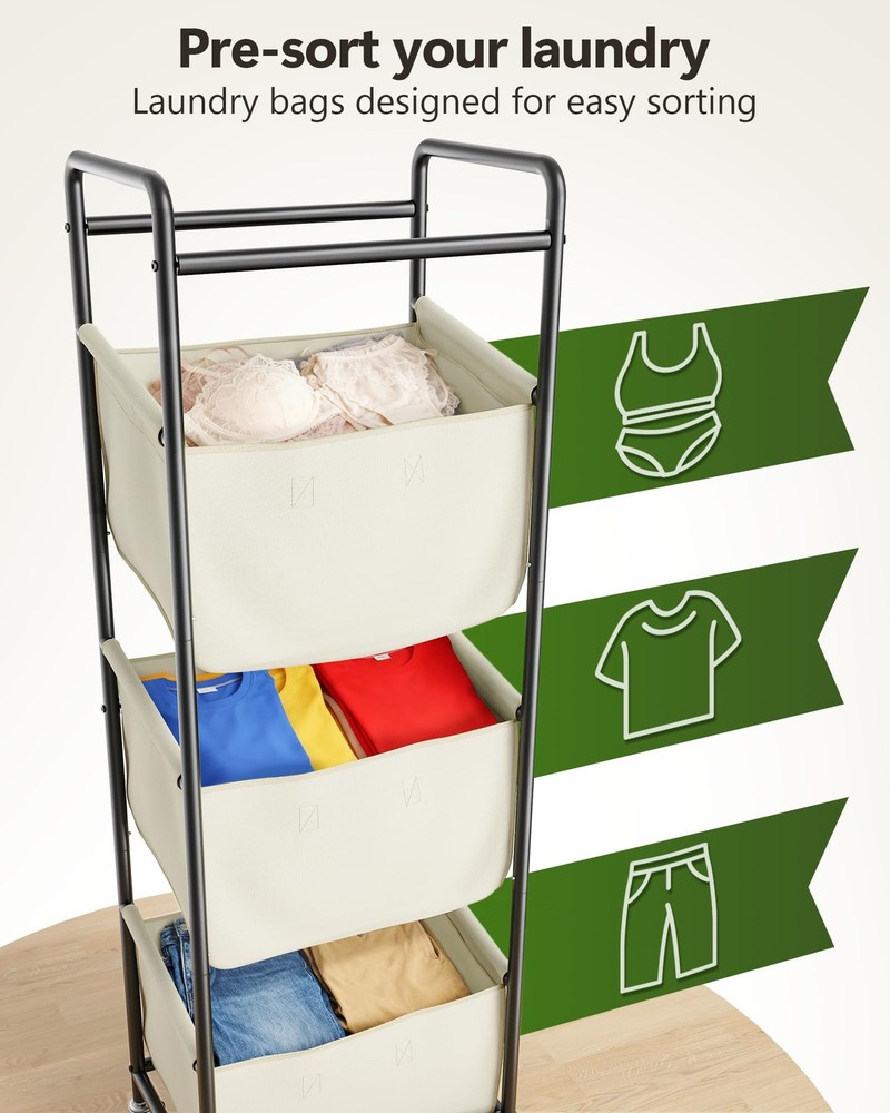 Moforoco Vertical Laundry Sorter 3 Section with Removable With Wheel, Beige