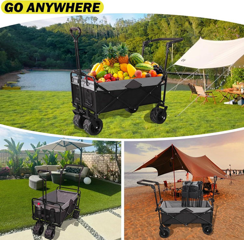 Collapsible Folding Wagon with Extra Push Pull Handle, Heavy Duty Black