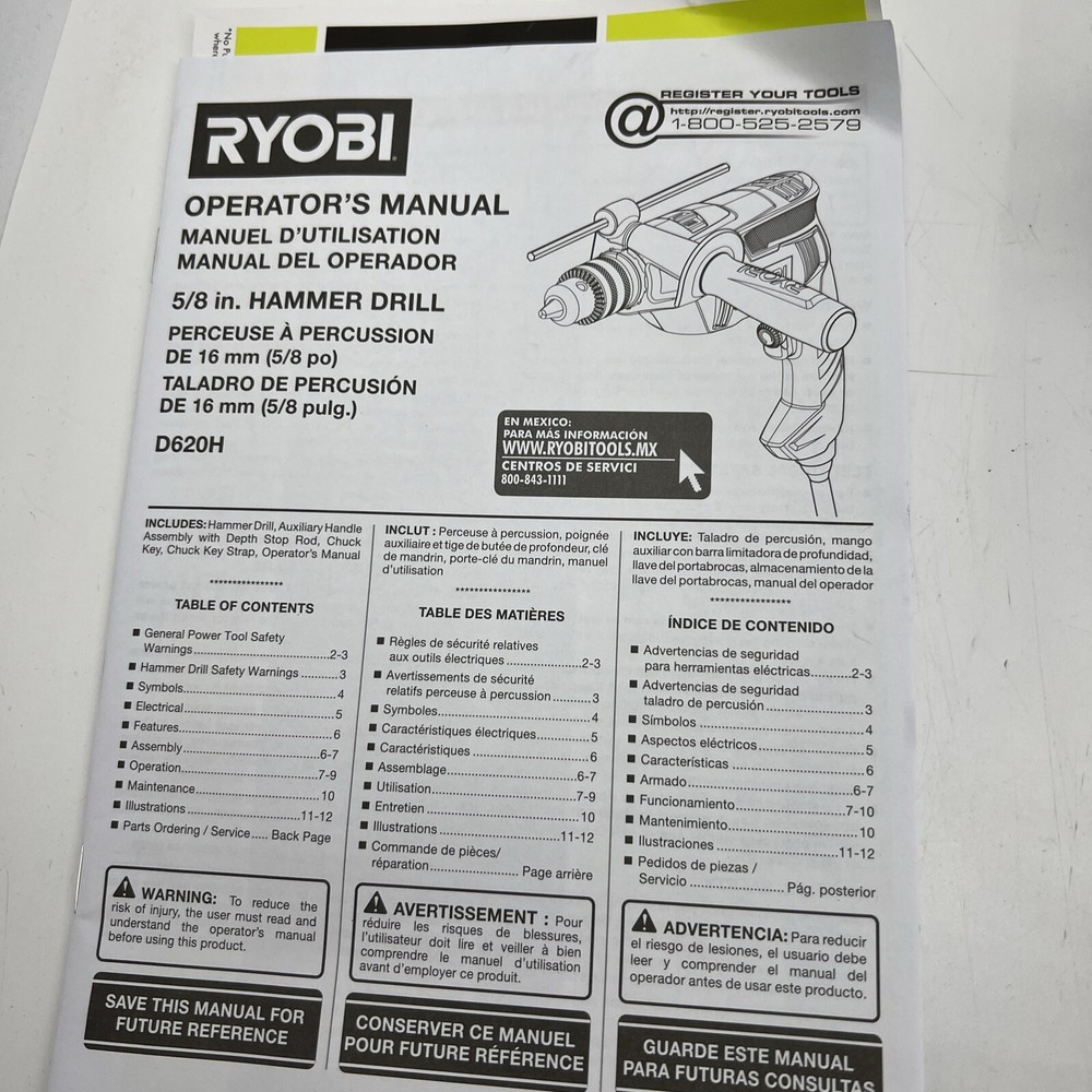 Ryobi D620H 6.2 Amp 1/2" Variable Speed Hammer Drill - Powerful & Durable (OB)