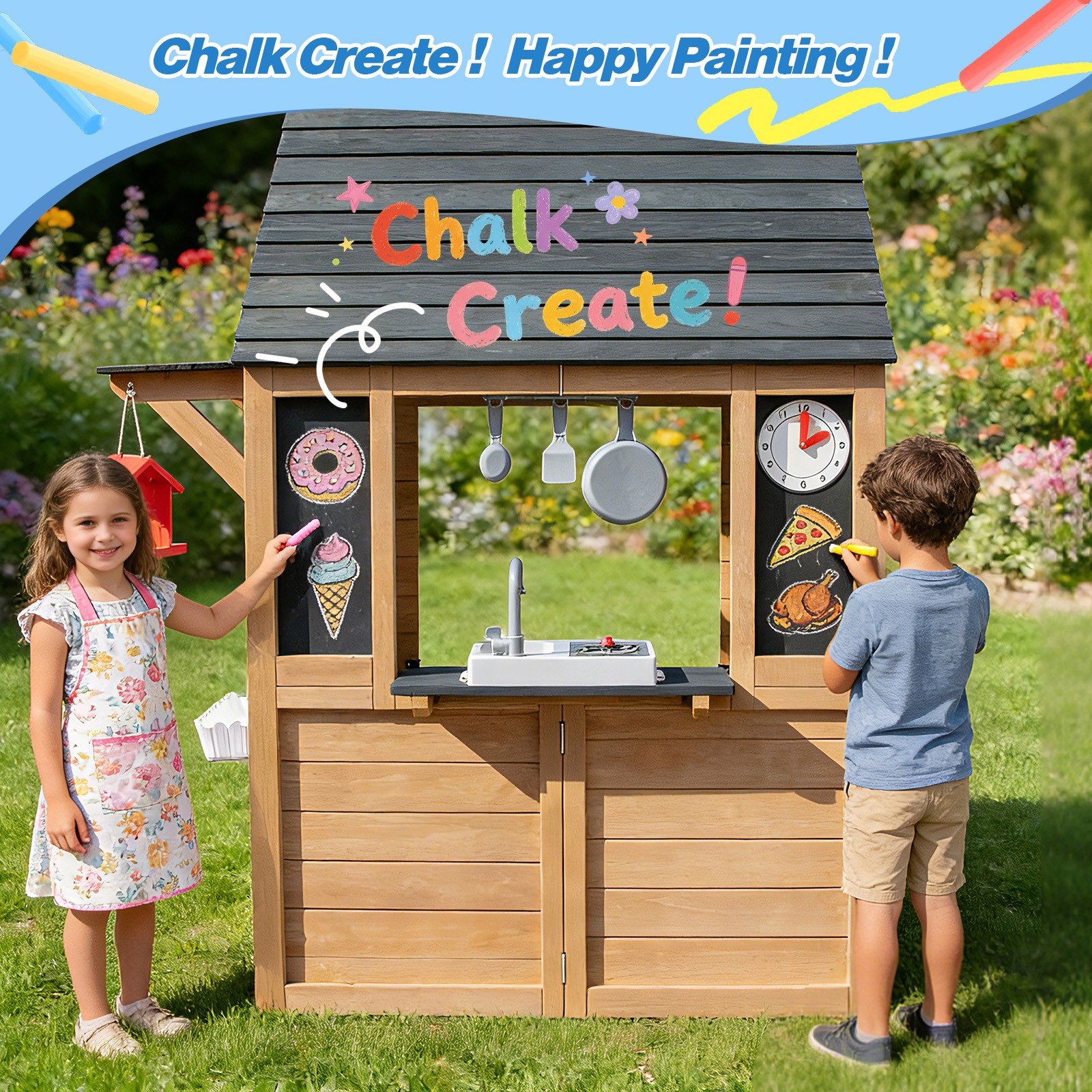 Outdoor Wood Kid Playhouse Backyard Garden Cottage Play Kitchen,Bench,Chalkboard