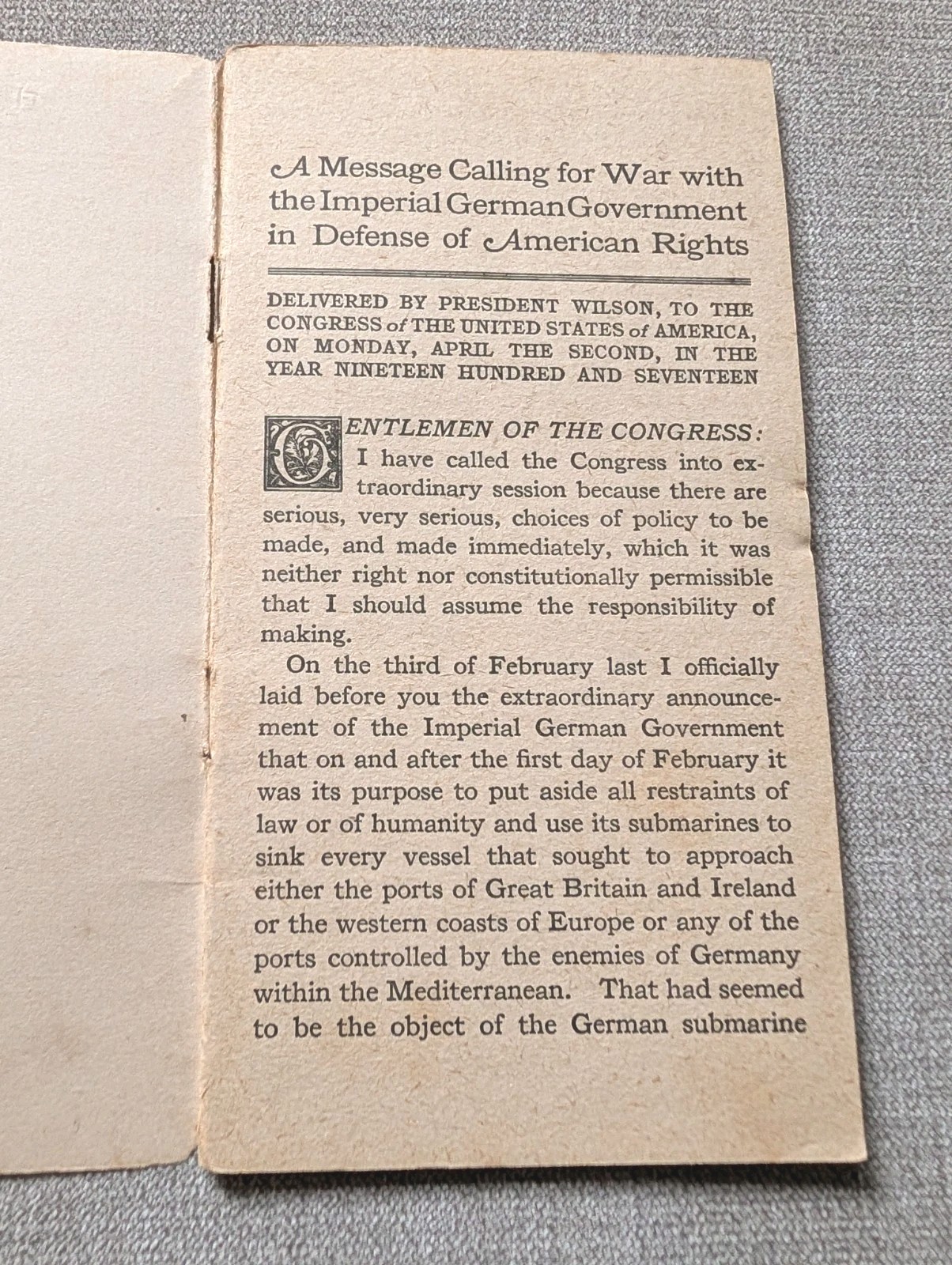 Original President Wilson's Great War Message Booklet 1917 - L S Donaldson Co