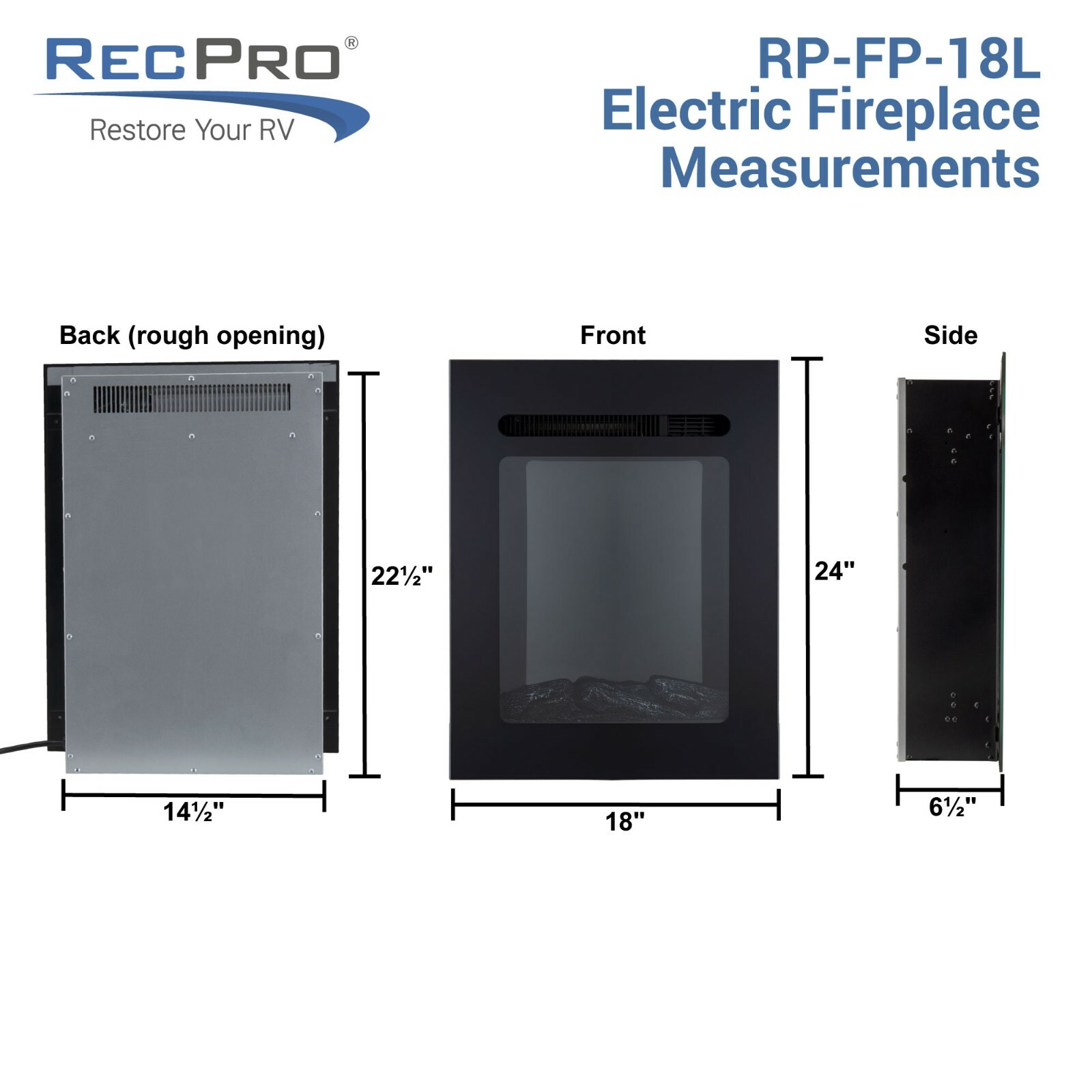RV 18" Recessed Electric Fireplace Heater for Motor Home Camper Trailer Heating