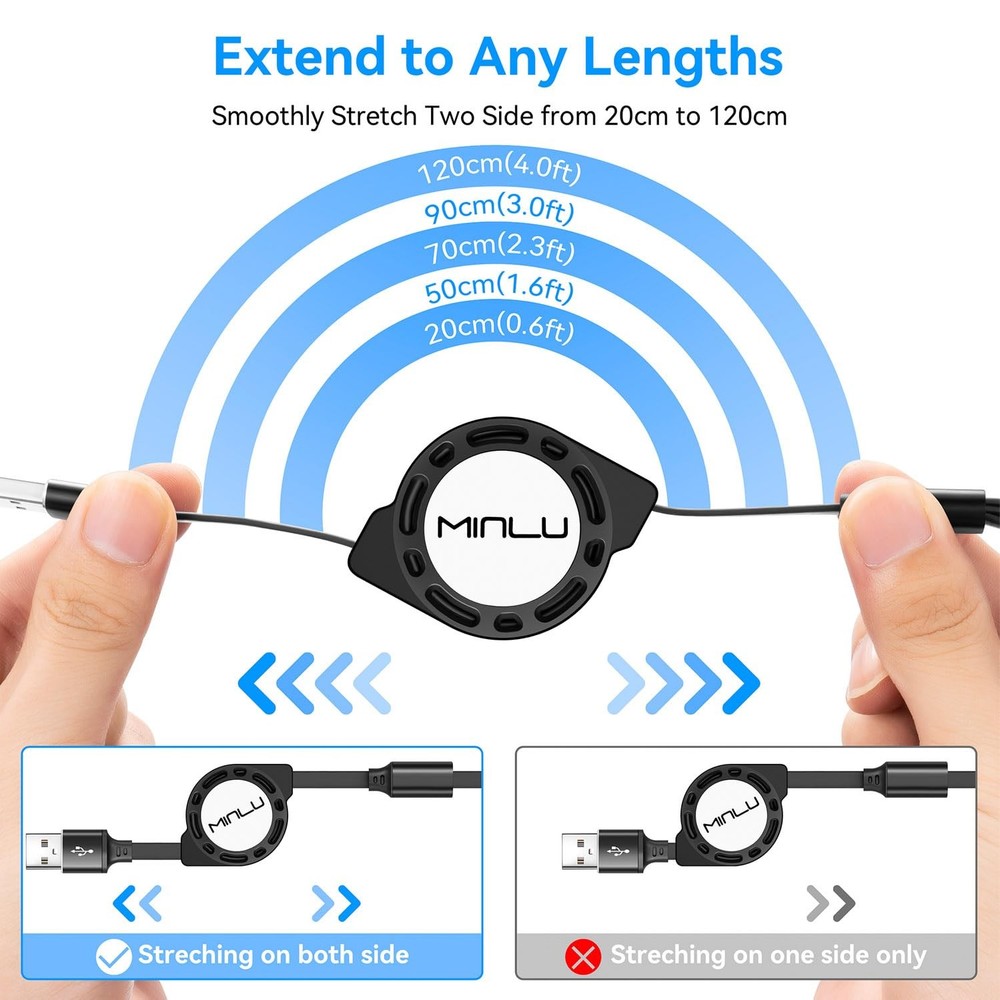 MINLU Multi Charging Cable 3A, 2Pack 4ft Retractable 4 feet, Black