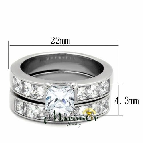 Stainless Steel Wedding Ring Set 3.75 Ct Princess Cut AAA CZ Women's Size 5-11