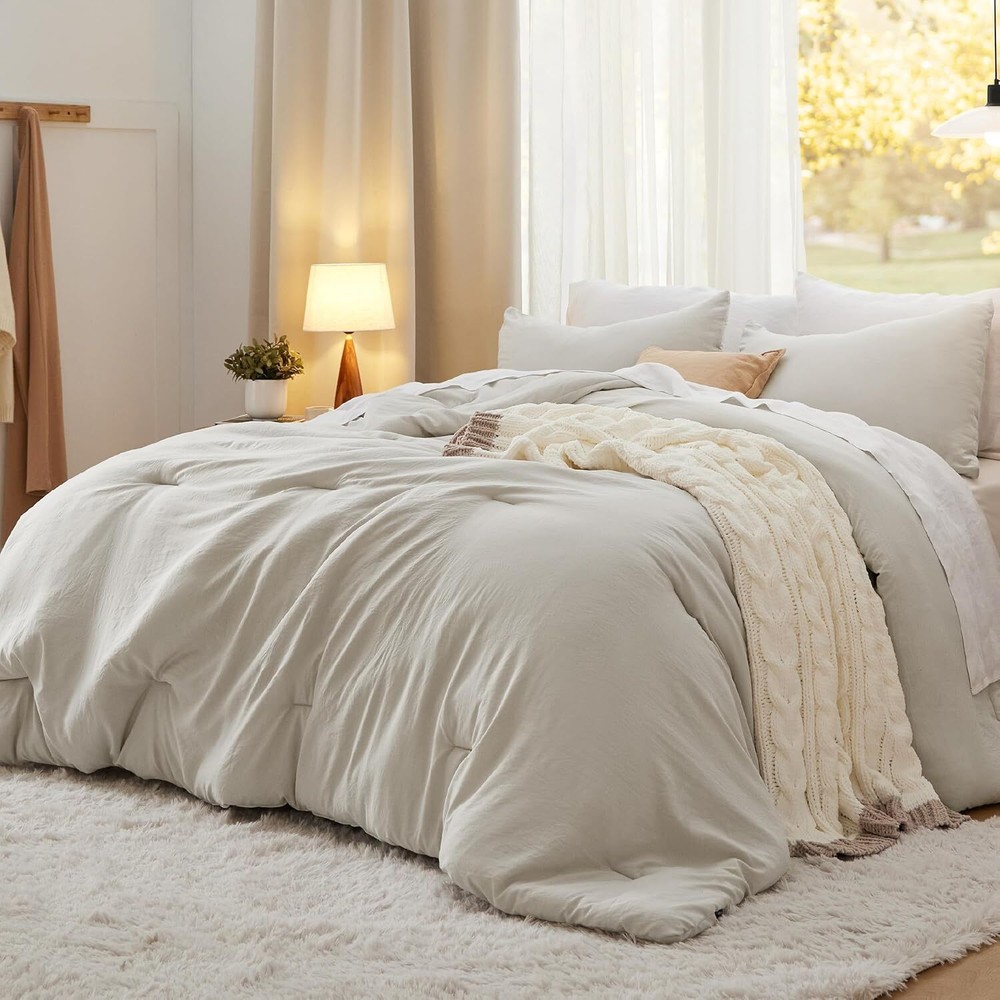 Queen Size Comforter Set, Beige Soft Pre-Washed Bedding Comforter Set, 3 Piece