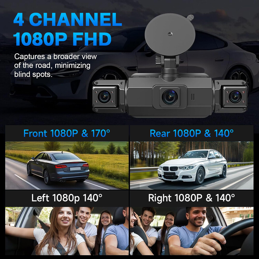 360 Degree View 4 Channel Dash Cam Front and Rear Inside Left Right, Dash Camera