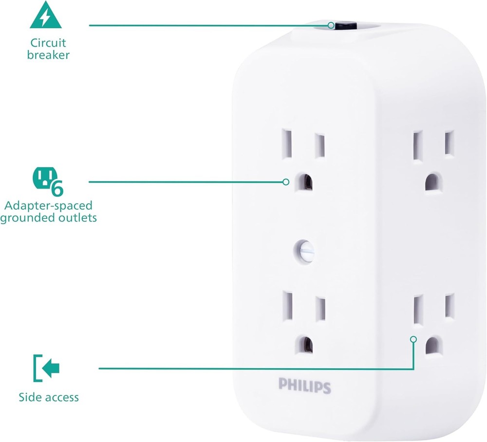 Philips 6-Outlet Extender, Grounded Wall Tap, Reset Button
