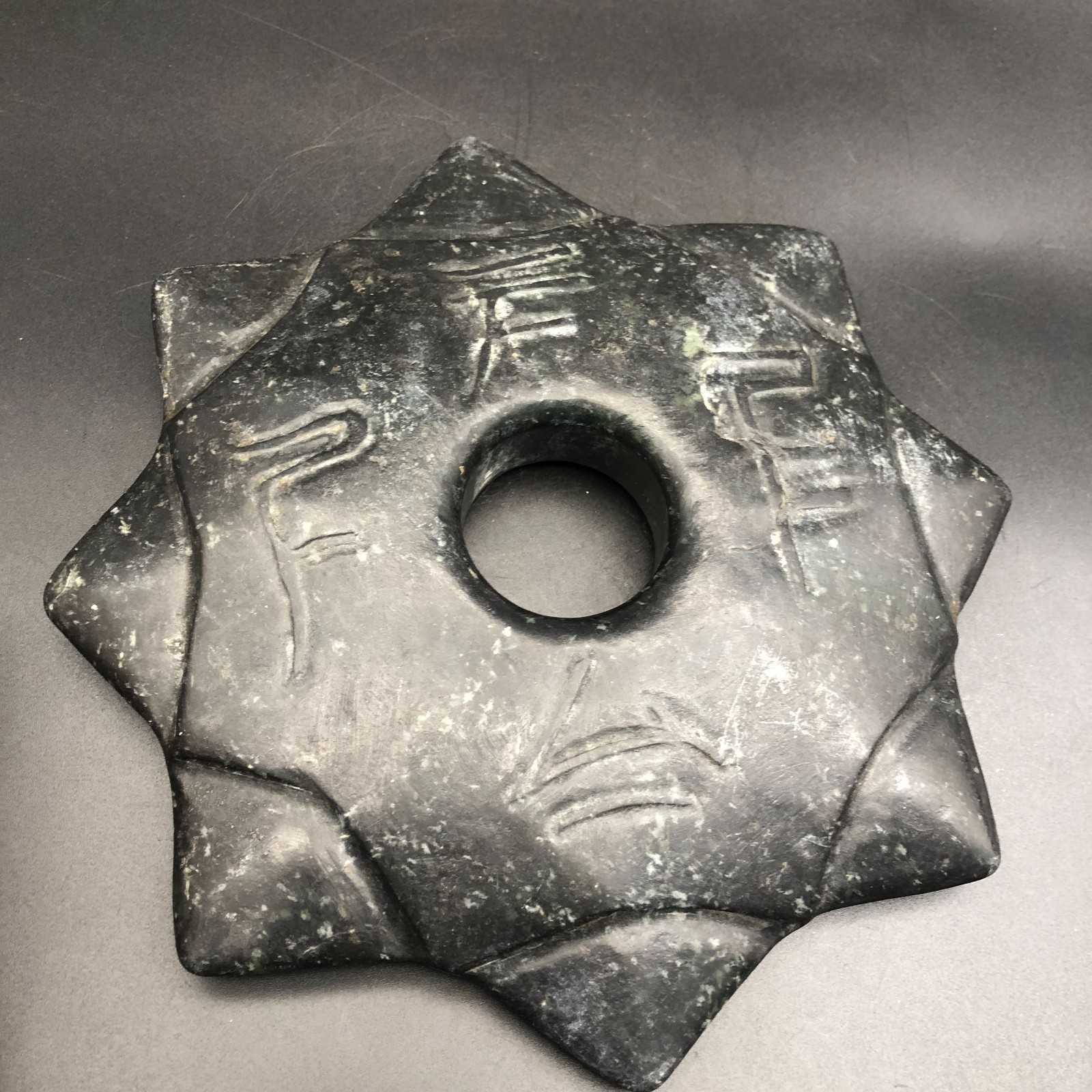 Old HongShan Culture Meteorite Jade Hand-Carved Fengshui Octagon Star Statue