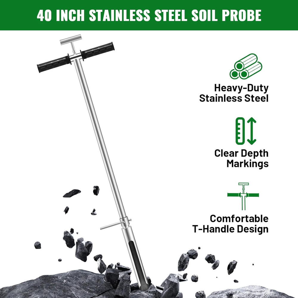40 Inch Soil Sampler Probe, Stainless Steel Soil Core Sampling Tool with T-Handl
