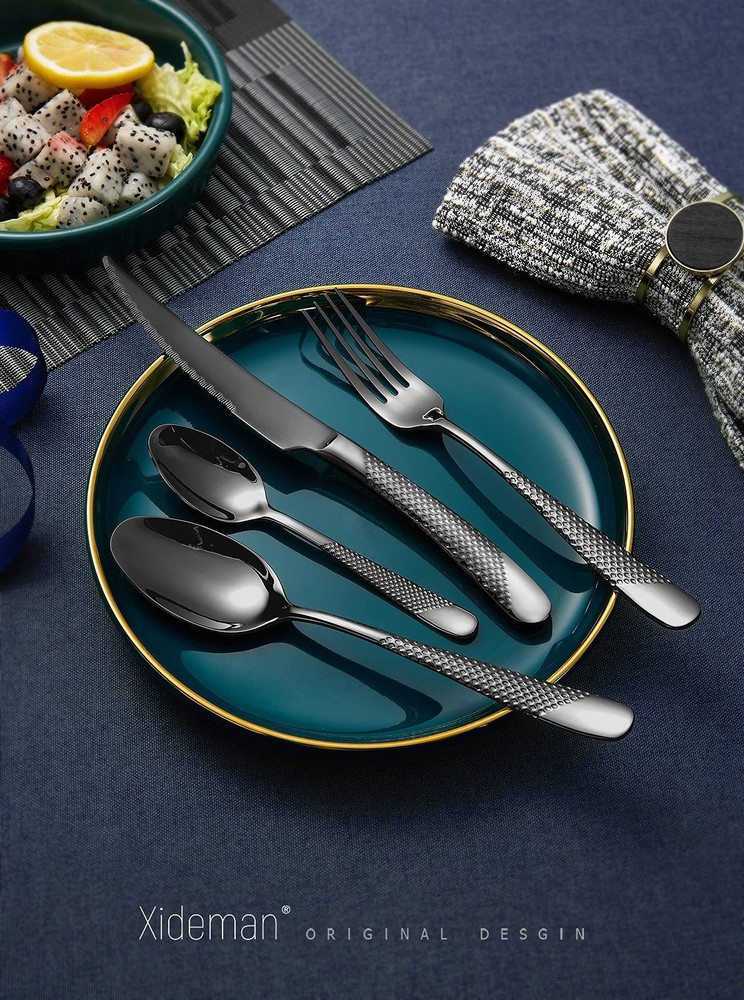 16-Piece ​Modern Black Hammered Silverware Set with Ultra Sharp 2-IN-1 Serrat...