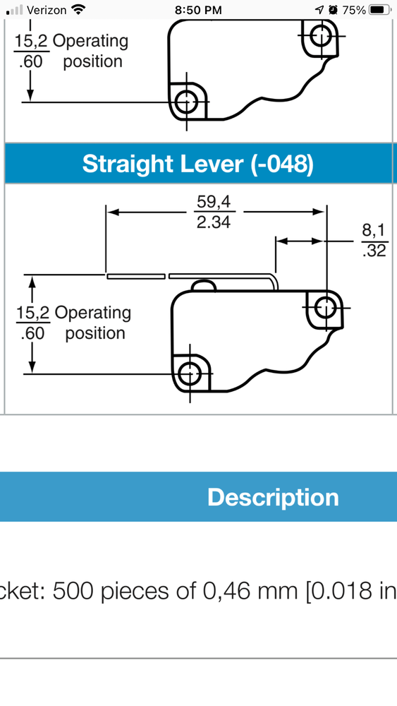 Honeywell-Micro Switch V7-7B17D8-048 Miniature Basic Switch 11A @ 125V, SPDT