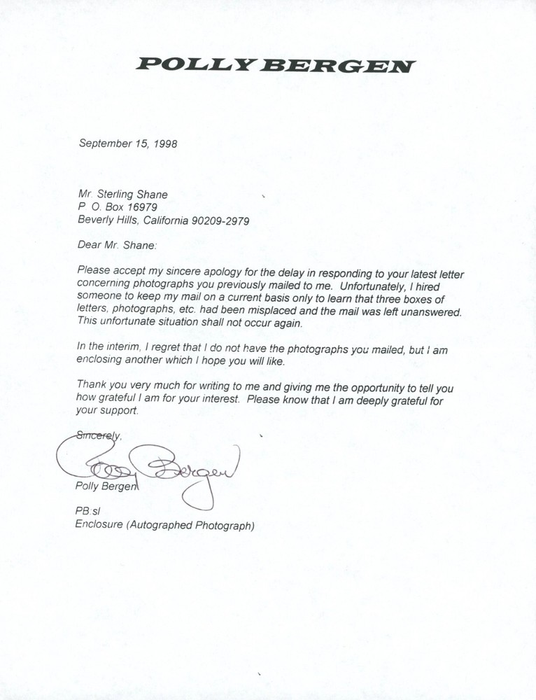 Polly Bergen Signed Letter