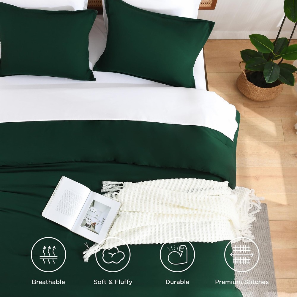 Dark Emerald Green Twin Size Comforter Set, 2 Pieces Boho Solid Bedding Comfo...