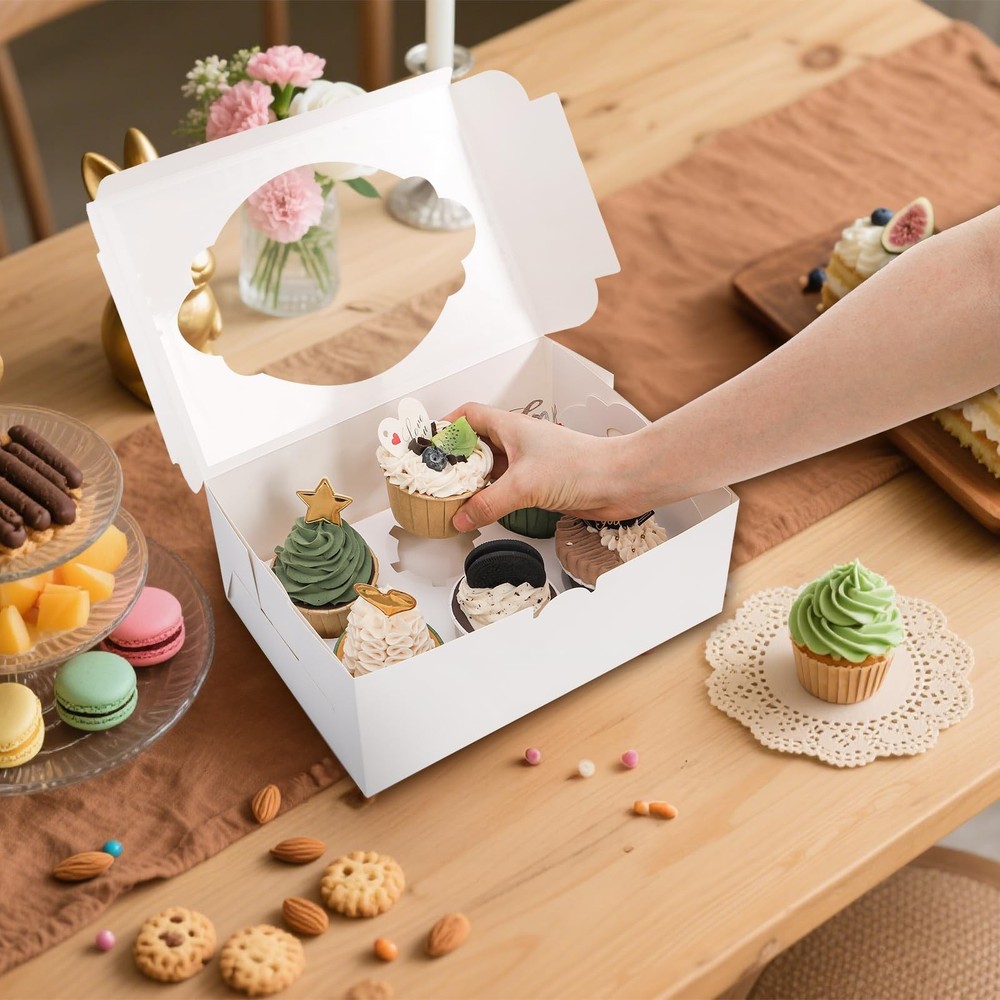 30 Pack Cupcake Boxes 10.2x6.9x4 Inch 6 Count White Containers Window Insert