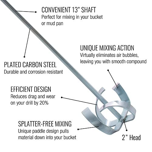 13" Paint & Drywall Mud Mixer Paddle - Pro-Grade Drill Attachment, 2" Head, 13"