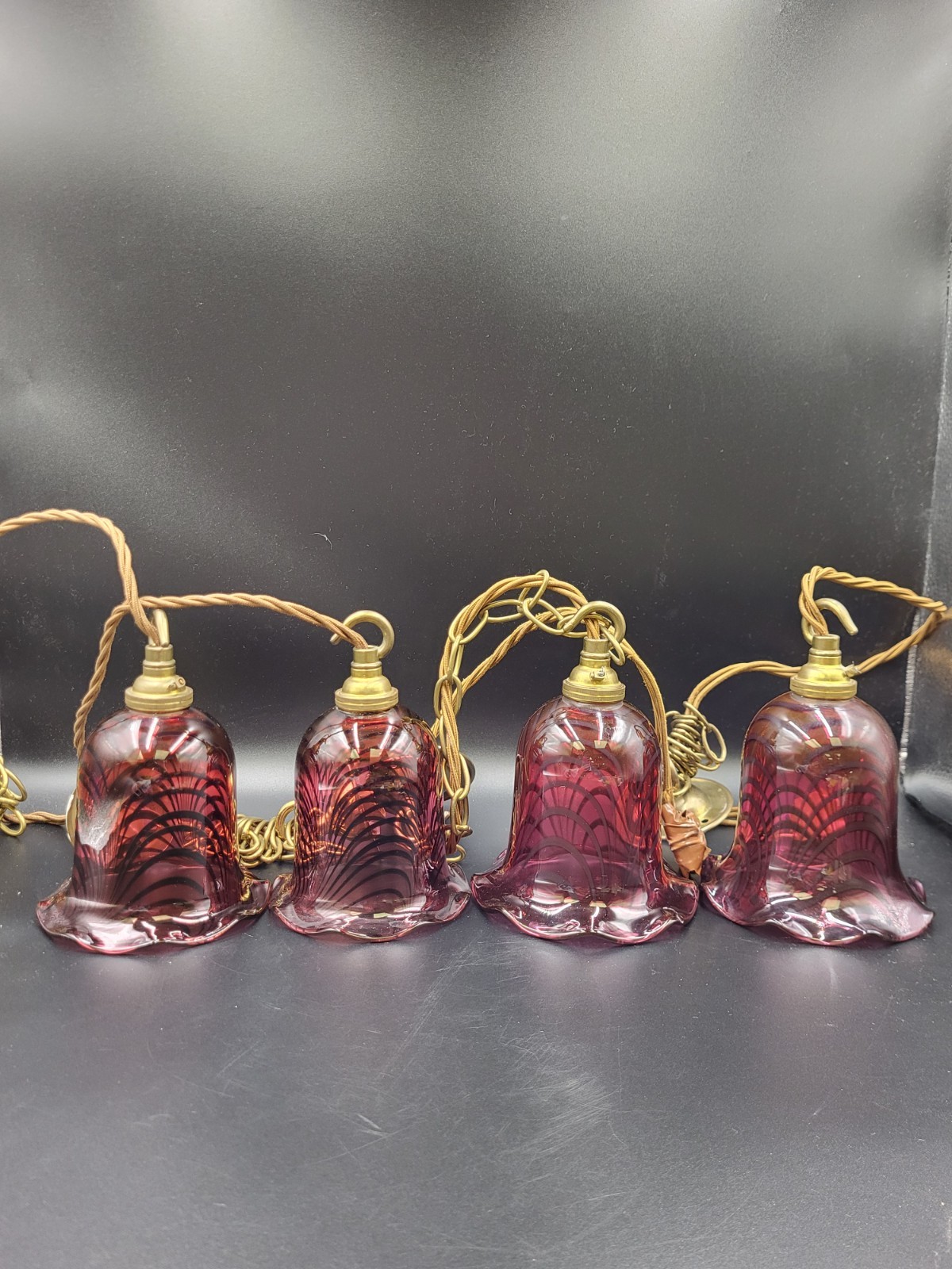 Set Of 4 Vintage Cranberry Swirl Glass Pendant Lamps, Ceiling Roses, Chains