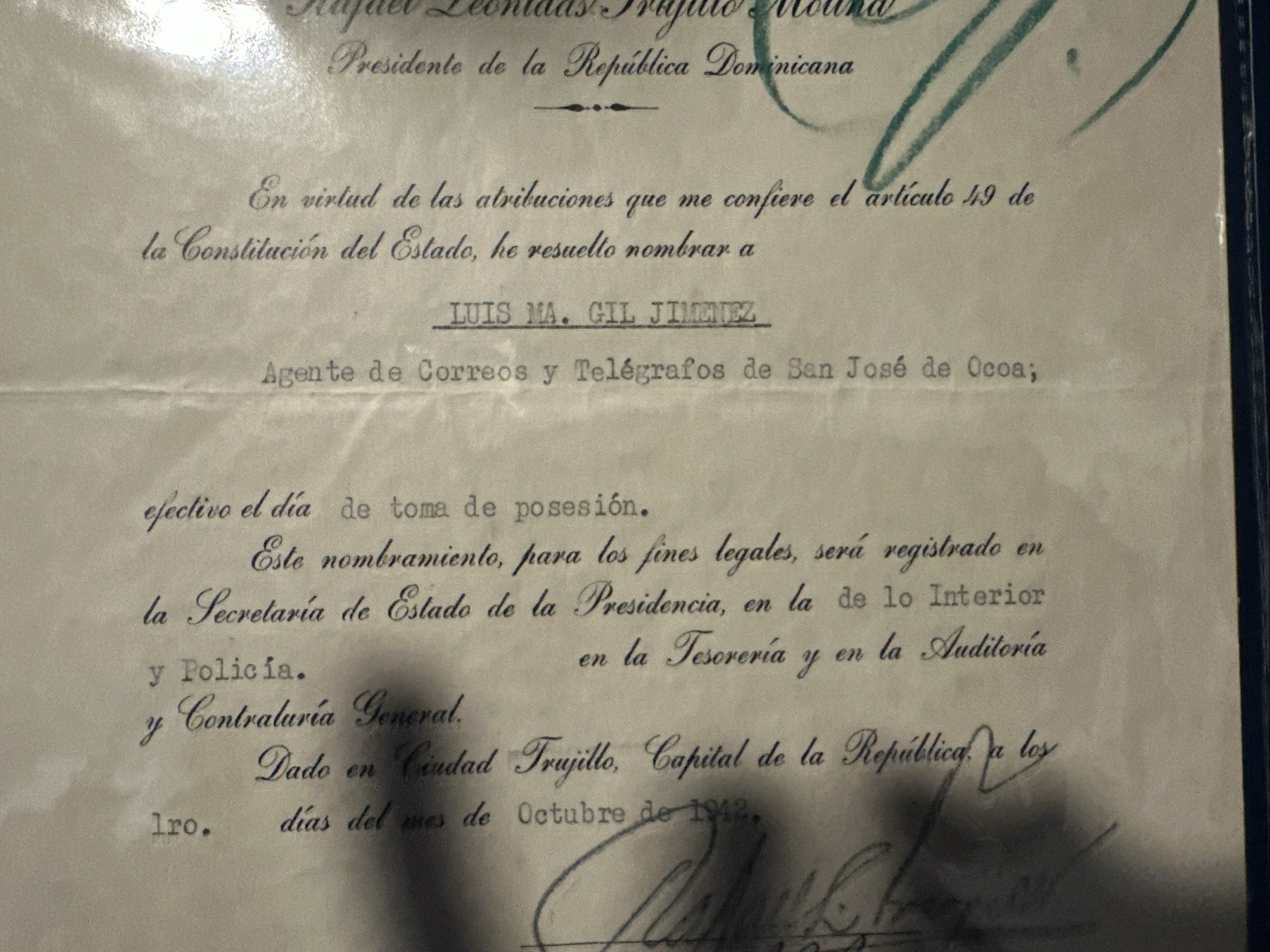 1942 Signed Document Rafael L. Trujillo, President Dictator Dominican Republic