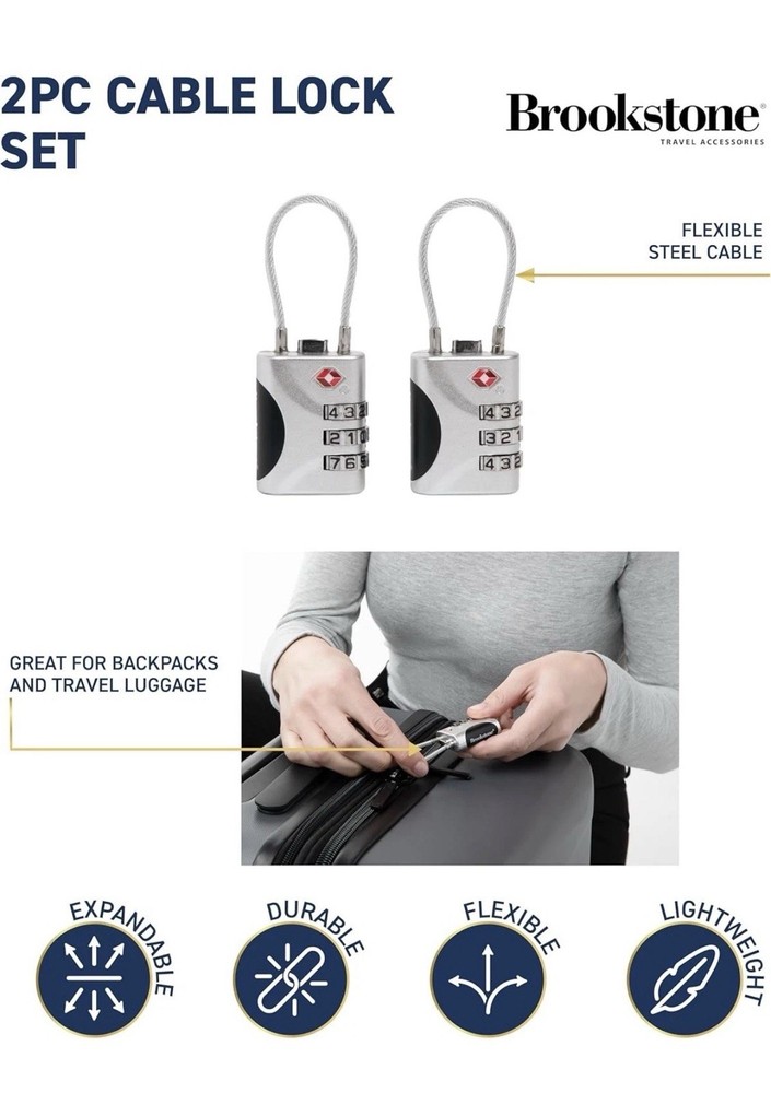 Brookstone Cable 2 Pack Locks TSA-Approved 3-Digit Keyless Luggage Locks, NEW