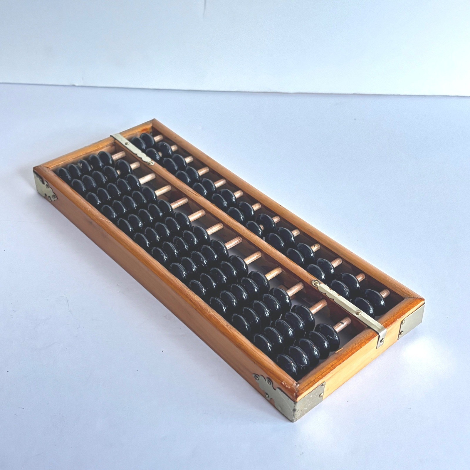 Vintage Chinese Wooden Abacus 13 Column Suanpan Brass Accents Black Beads