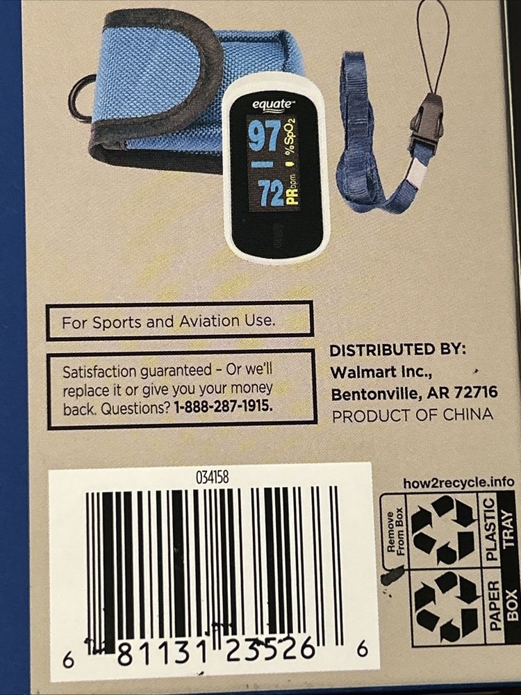 Equate Fingertip Pulse Oximeter With Comfortable Silicone Padding Open Box
