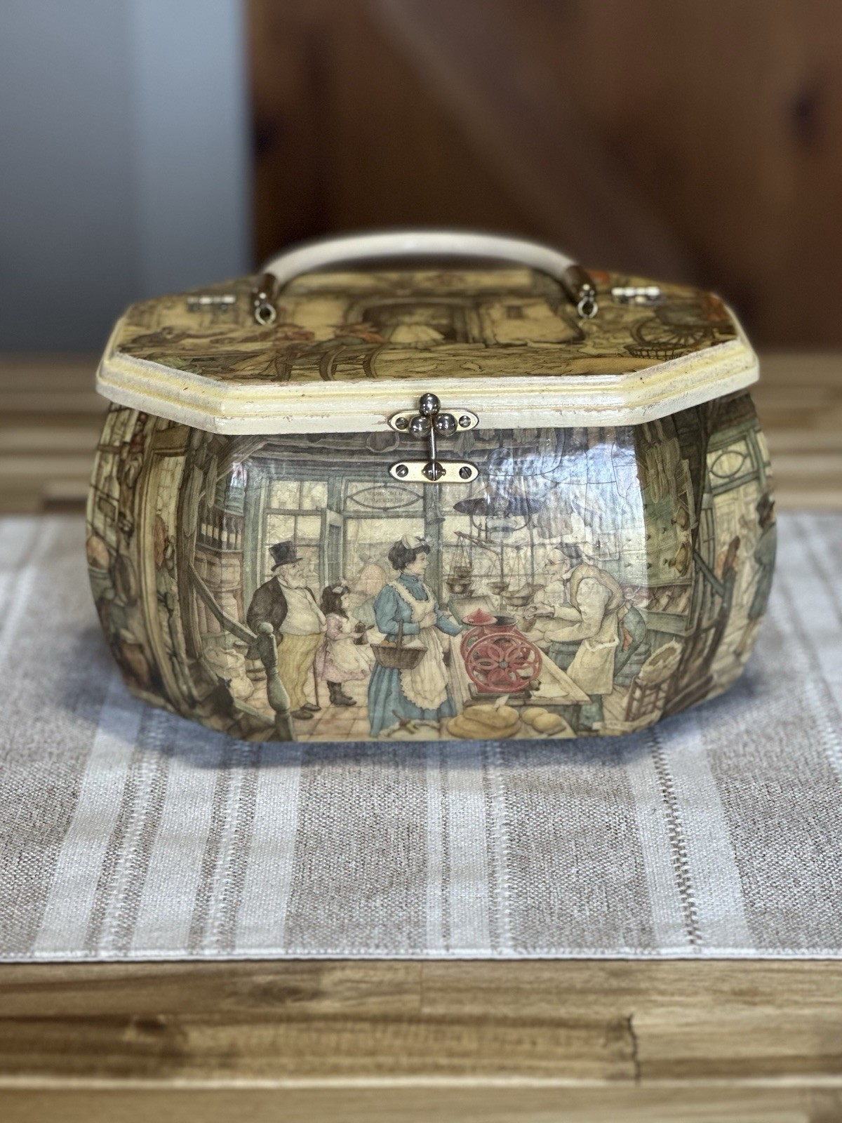 Anton Pieck Wooden Octagon Box Purse w/ Handle 9.5"×6" Vintage