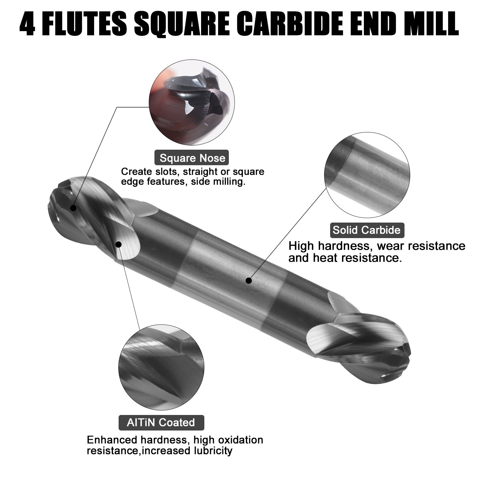 2PCS 4 Flute 1/2" Solid Carbide Ball Nose End Mill - Double End - AlTiN Coated