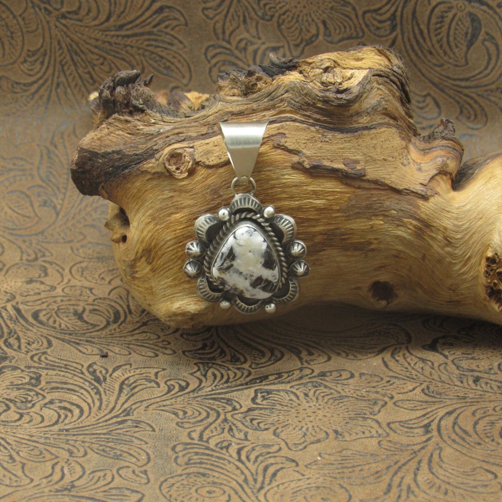 *Triangular White Buffalo Sterling Silver Hand Stamped Oxidized Pendant