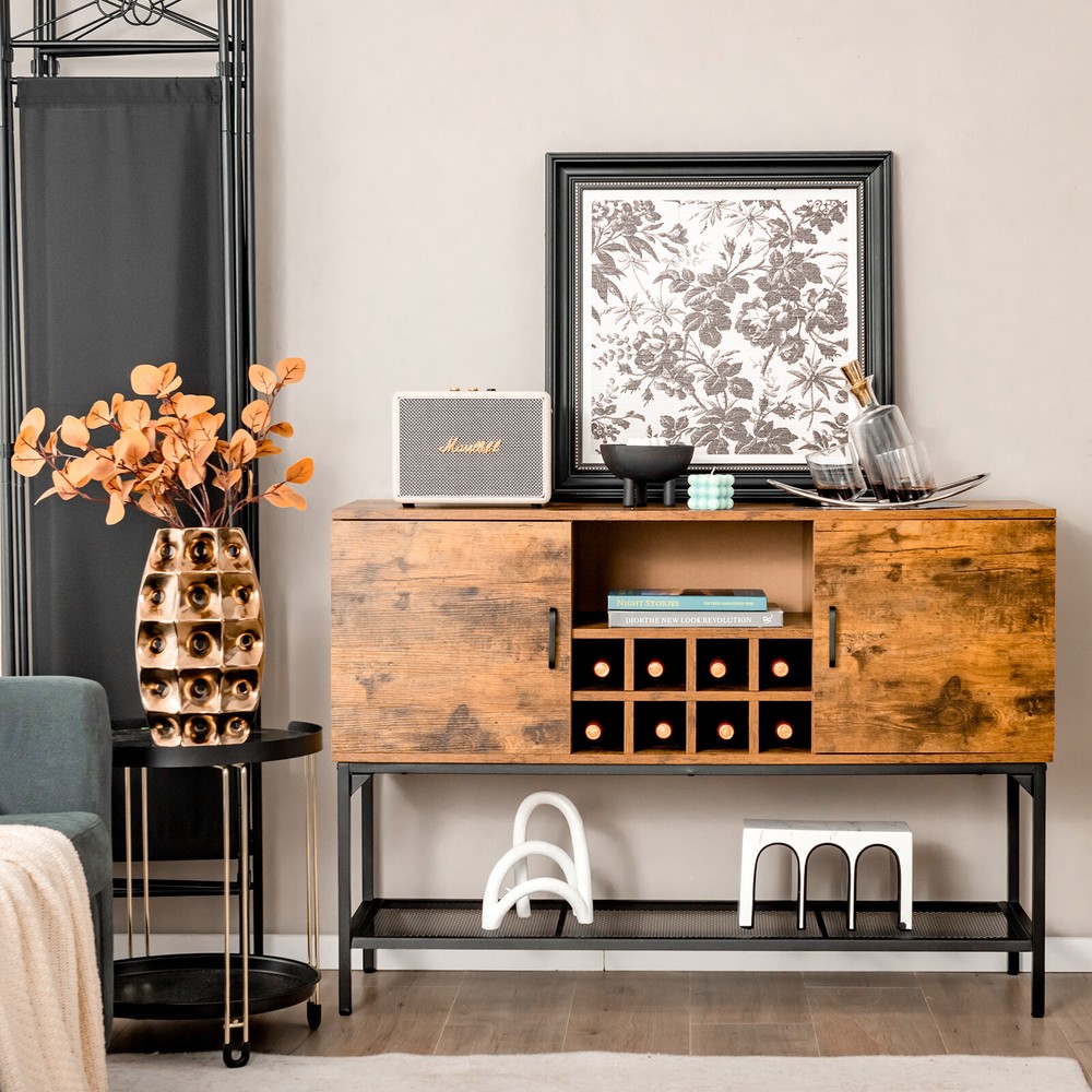 Industrial Kitchen Buffet Sideboard 2-Door Console Table w/Open Shelf Wine Rack