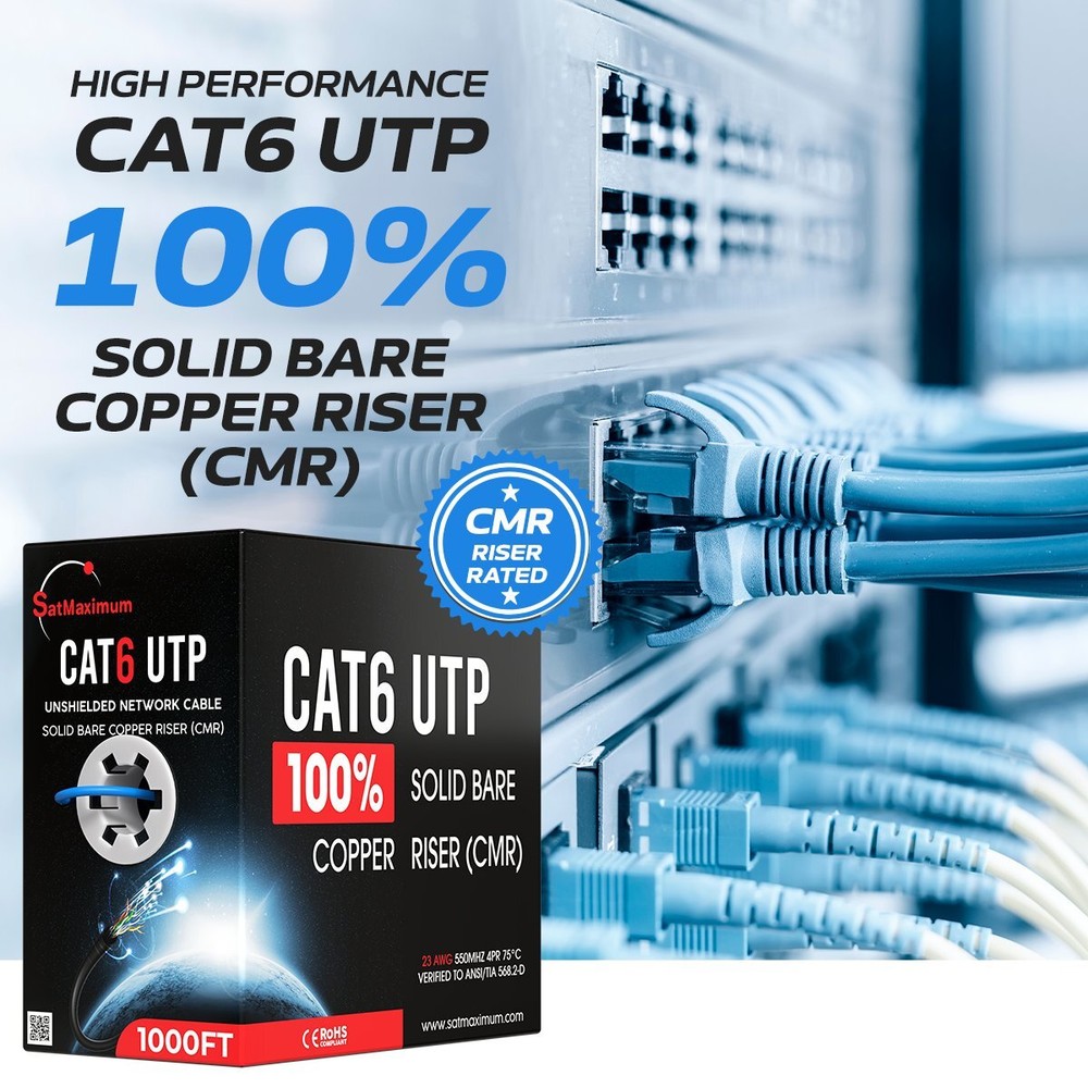 Bulk CAT6 ETL Rated Cable 1000ft 500ft Riser CMR Solid Bare Copper RJ45 Ethernet