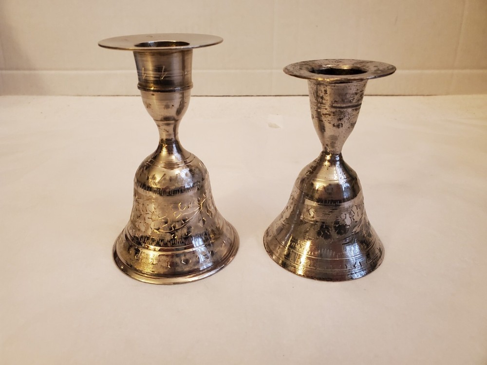 ANTIQUE INDIAN DINNER BELL/CANDLESTIK HOLDERS SET - PRE OWNED