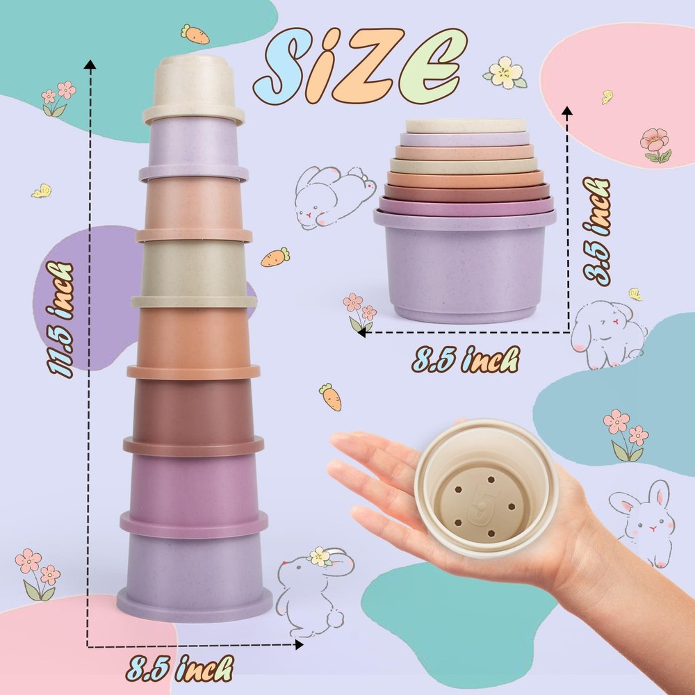 8PCS Stacking Cups for Rabbits, Stackable Bunny Toys, Natural Sugarcane Plast...
