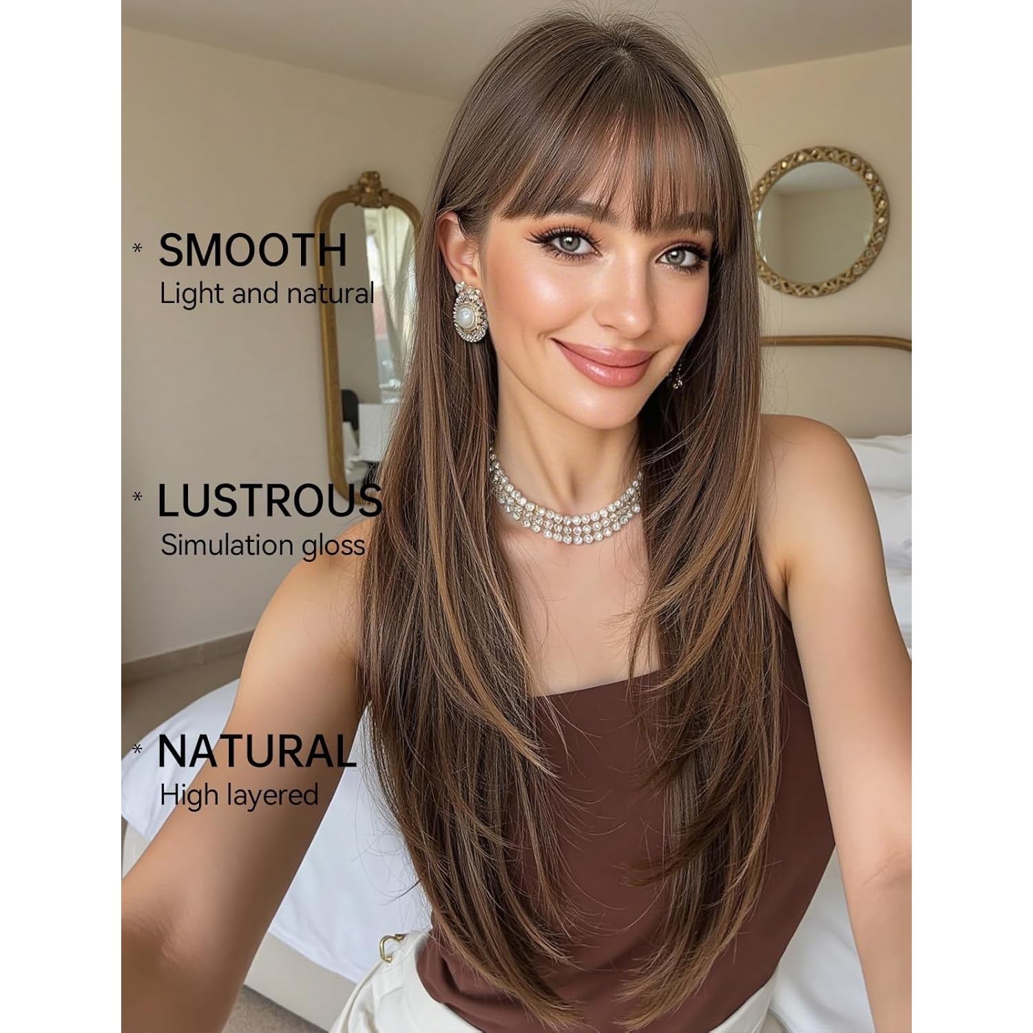 Mixed Brown Long Straight Cosplay Wigs With Bangs Synthetic Hair Heat Resistant