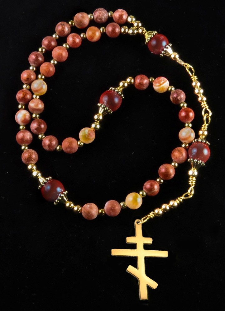 Handmade Orthodox Rosary Red Italian Onyx and Red Jasper Gold Tone Cross