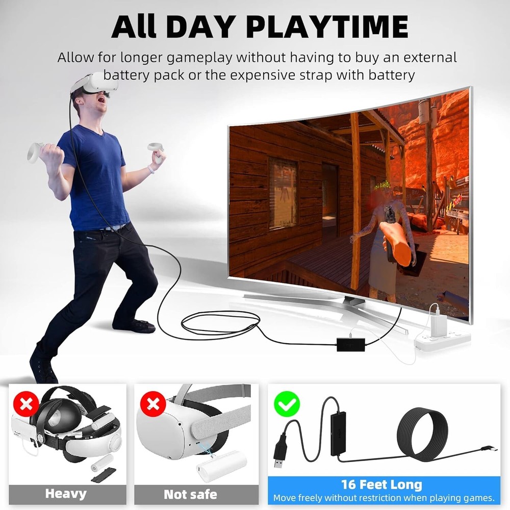 16FT USB 3.0 Link Cable for Oculus Quest 3, 2 & Pro - Charge While You Play!