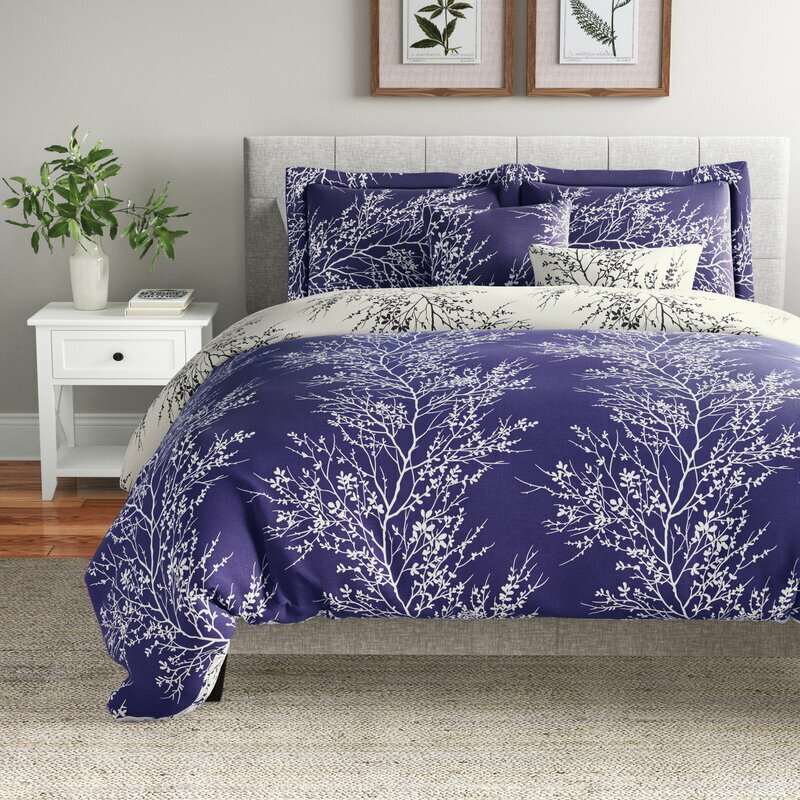 Navy Blue White Nature Tree Branches Leaf 6 pc Comforter Set Queen King Bedding