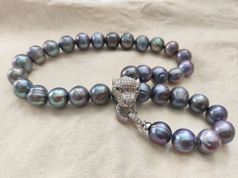 real 11-12MM TAHITIAN SOUTH SEAS BLACK BAROQUE PEARL Necklace 20" 18" S925 clasp