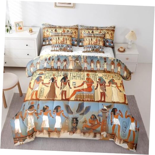 Ancient Egypt Bedding Set with Sheets Egyptian Pattern King Beige Blue