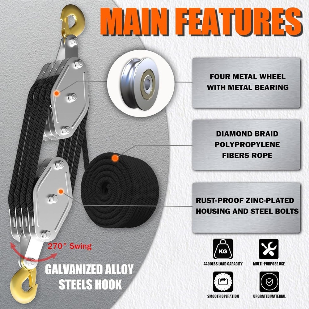 Rust-Proof 4400LB Pulley Block for Heavy Objects