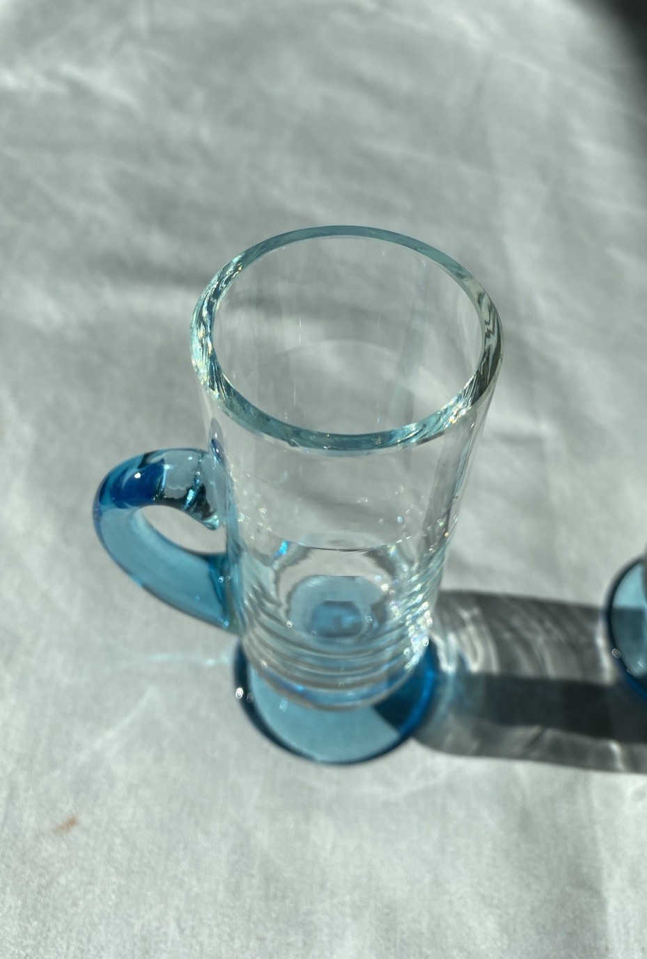 MCM Cylindrical Hand Blown Shot Glasses With Blue Handles And Bases - Set Of 2