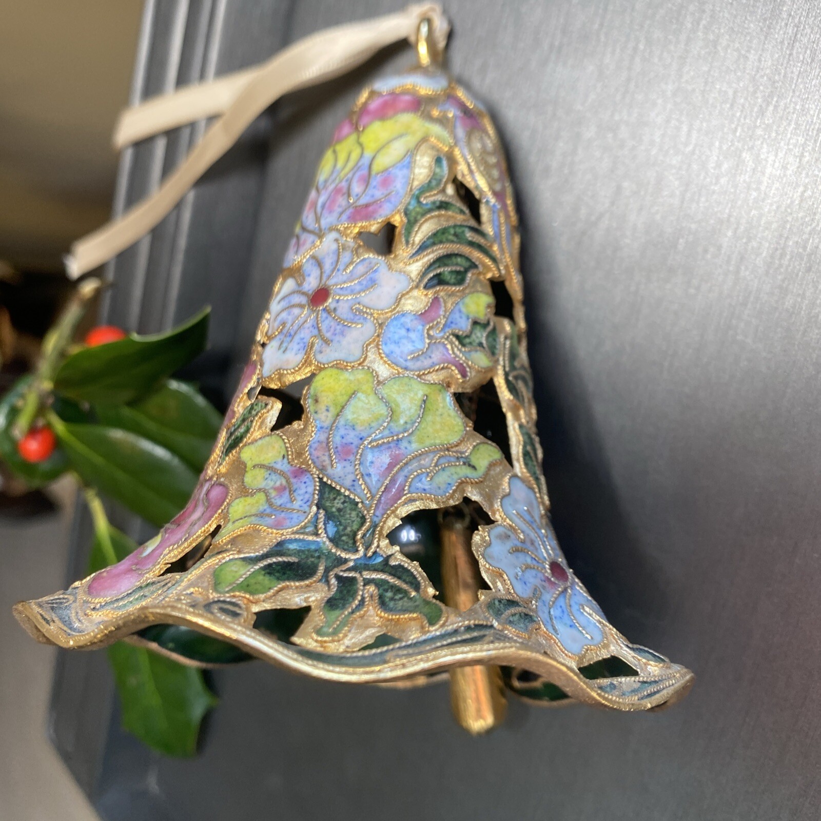 Vintage Bell Cloisonne Enamel Estate Pre-Owned Hand Crafted Bird Flower Pierced