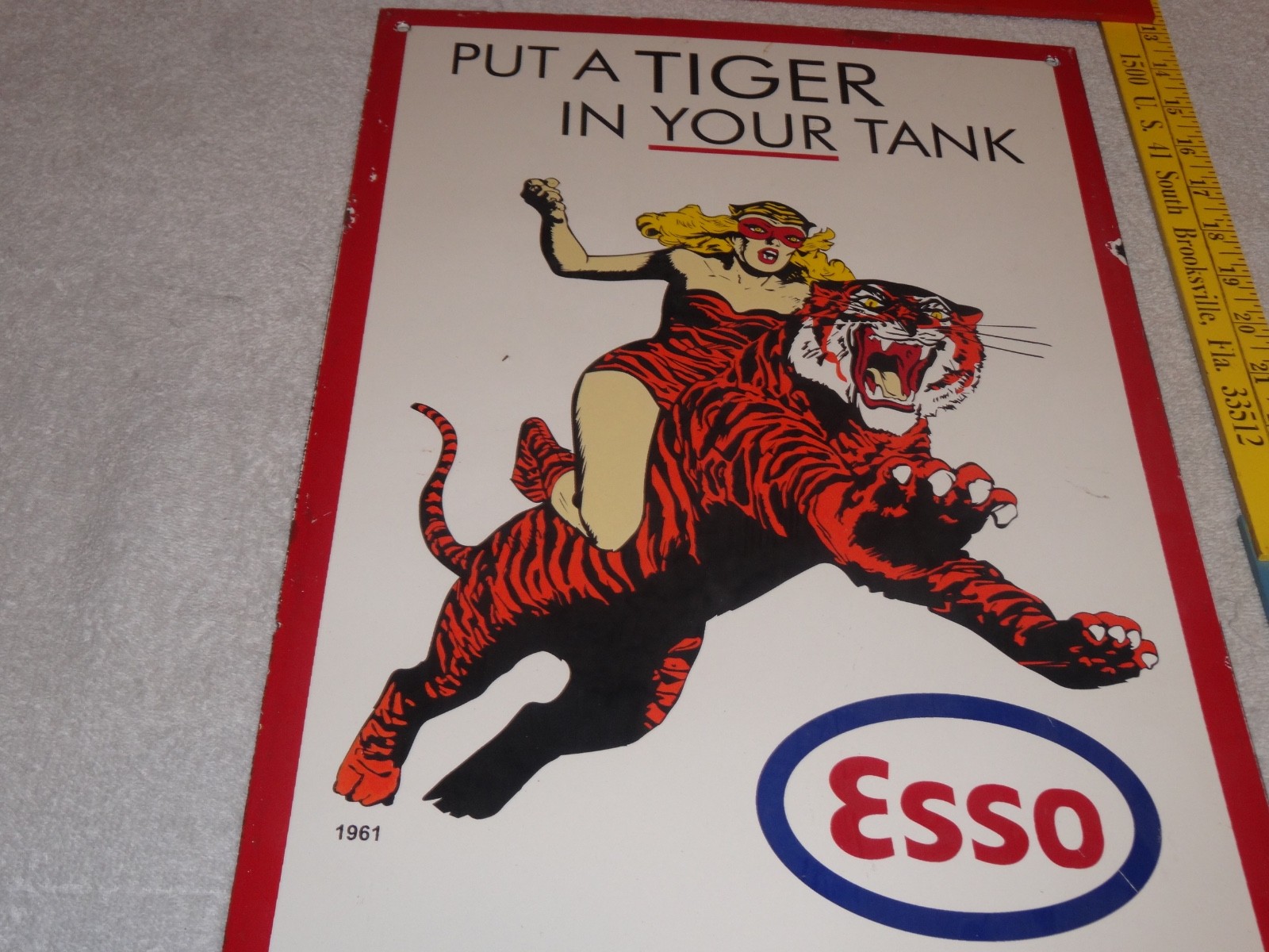 VINTAGE 1961 "ESSO CAT WOMAN RIDING TIGER" 18" PORCELAIN METAL GASOLINE OIL SIGN
