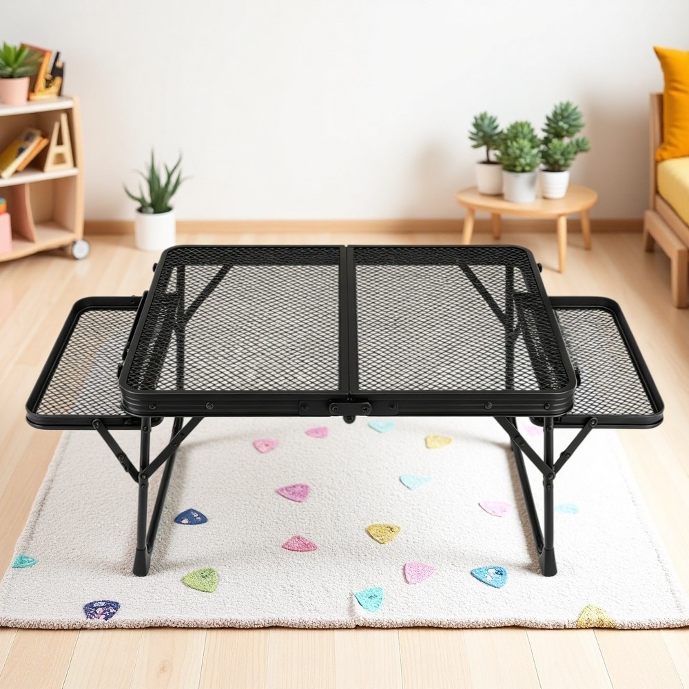 3ft Folding Camping Wire Mesh Table - Side Wings Adjustable Aluminum Frame Black