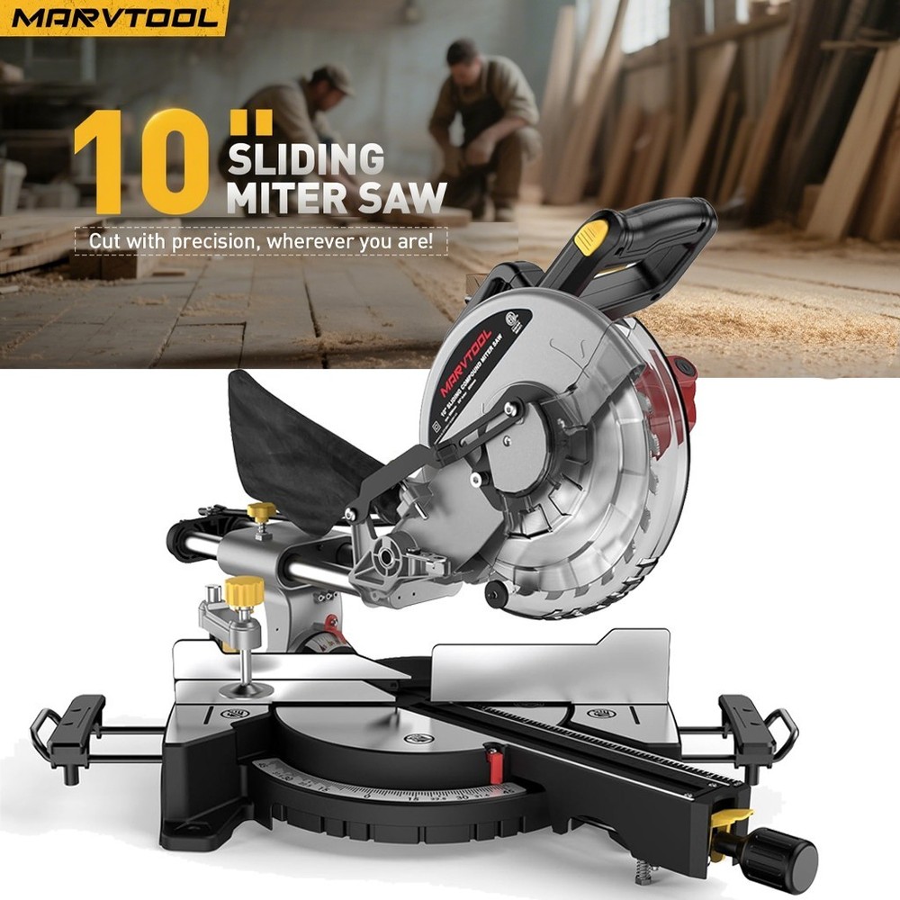 Marvtool 10-Inch Sliding Compound Miter Saw Single Bevel Compact Extension Table