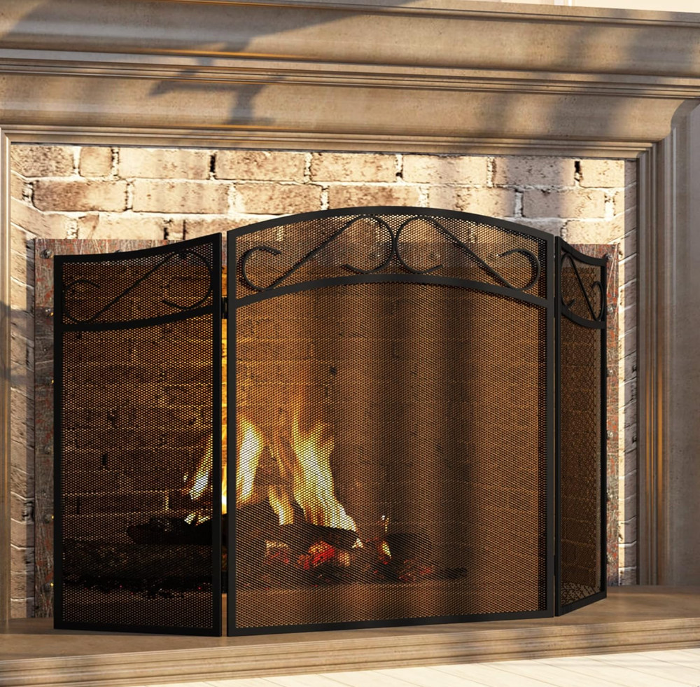 3 Panel Wrought Iron Fireplace Mesh Black Screen Guard Traditional Scrollwork