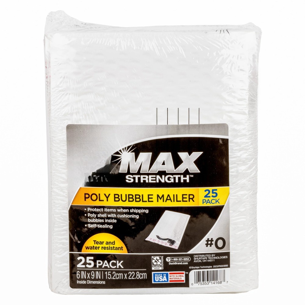 Max Strength Self-Sealing Poly Bubble Mailer #0, 6" x 9", Solid White, 25 Pack