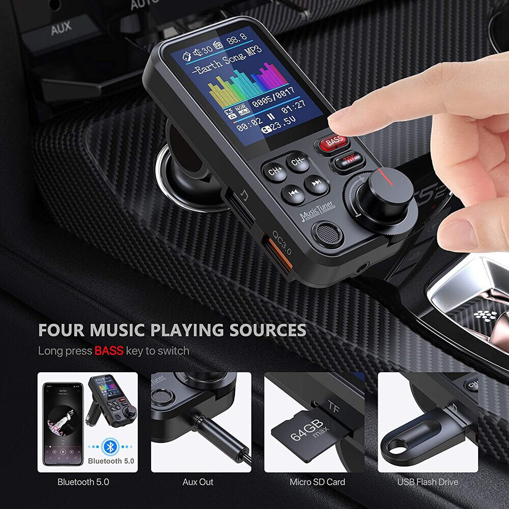 1.8" Screen FM Bluetooth Transmitter Mic QC 3.0 Charging Music Player for Car